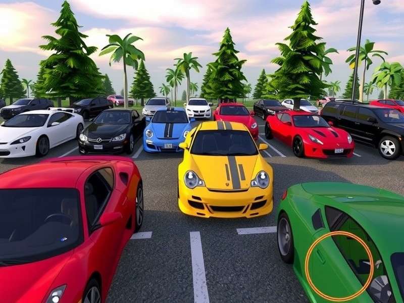 Car Parking Multiplayer gameplay screenshot showing a variety of cars in a detailed parking lot